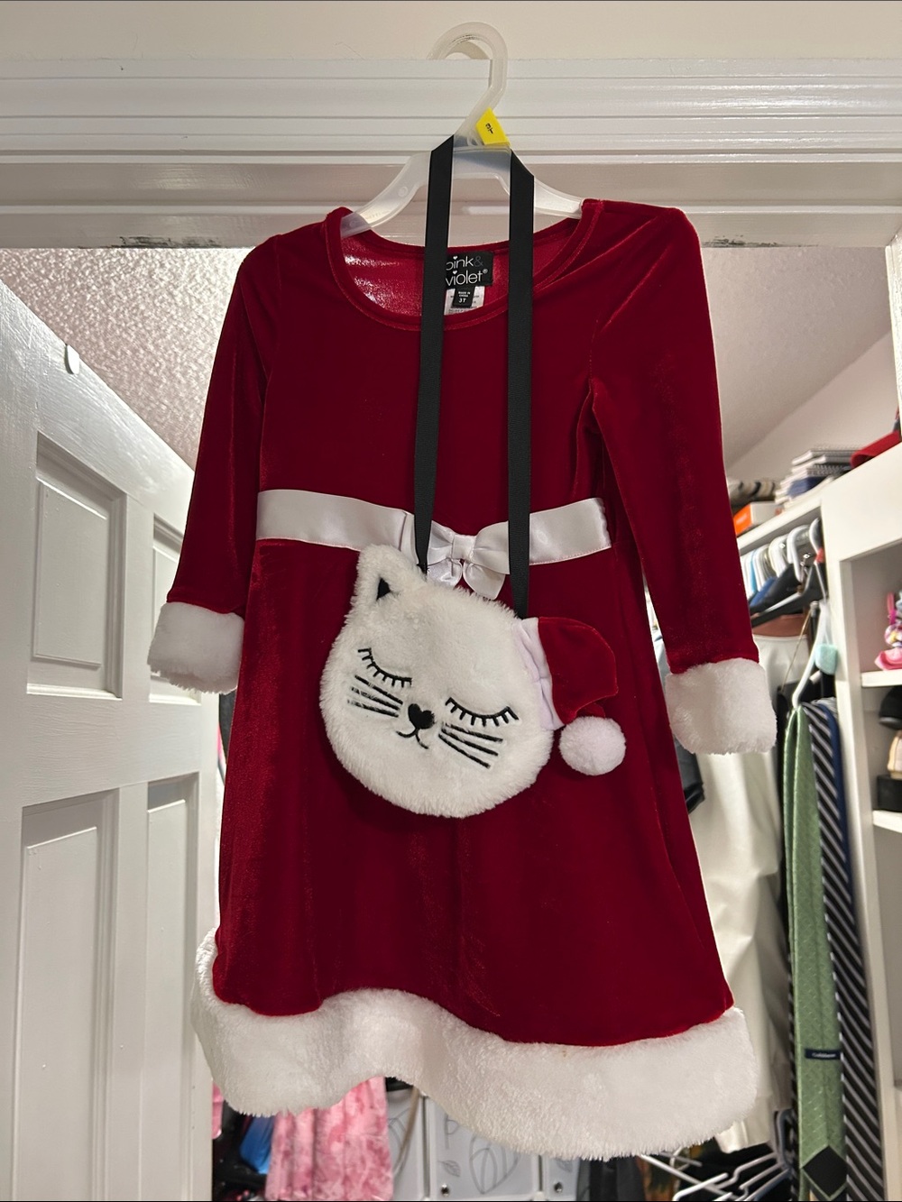Red Velvet Holiday Dress with White Fur Trim & Cat Crossbody — NWOT!